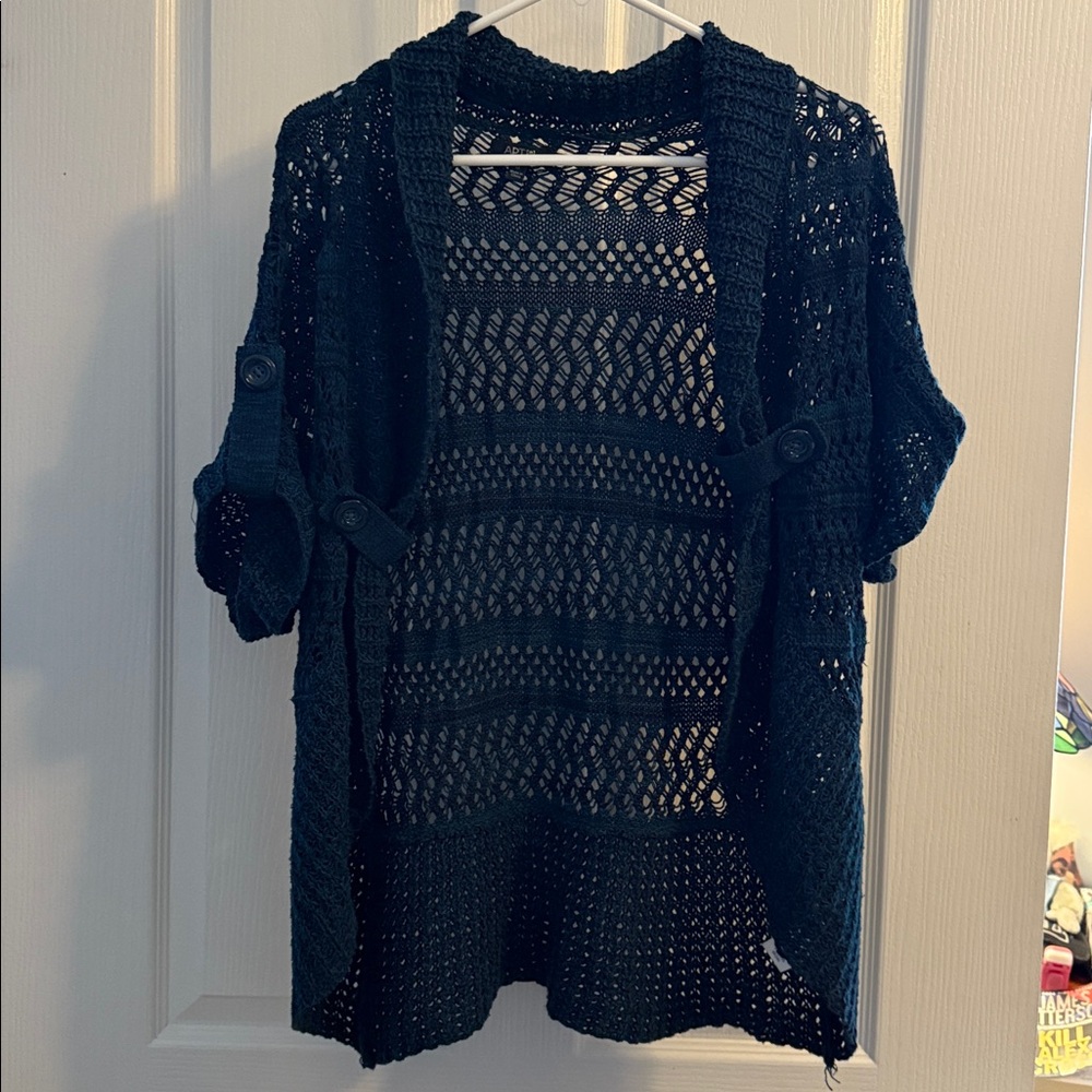 APT 9 Navy Open-Knit Short Sleeve Sweater Women’s Size Medium - Picture 9 of 11
